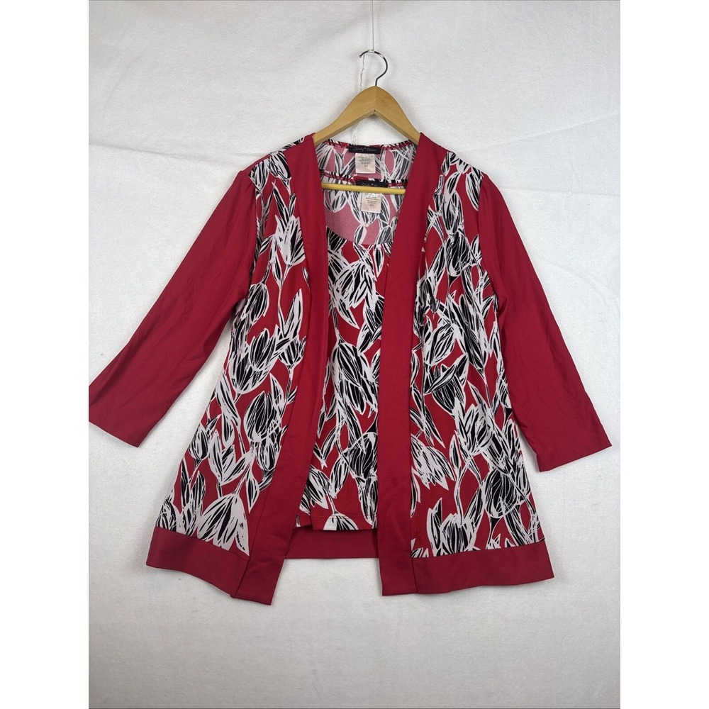 Slinky Brand XS SET Sleeveless Blouse+Cardigan 3/4 Sleeve Red Black White Floral